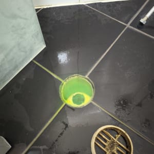 רצפת מקלחת עם נוזל ירוק בפתח ניקוז