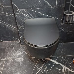 אסלה שחורה עם מברשת שירות על רקע שיש שחור