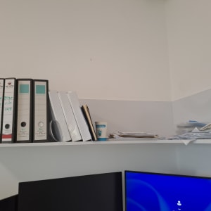 מדפים עם קלסרים ומסמכים במשרד.