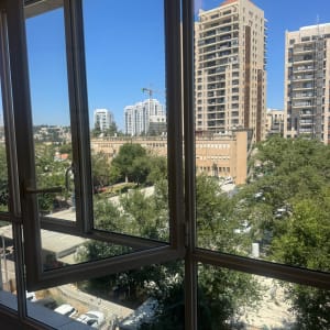 נוף עירוני עם בניינים ועצים דרך חלון פתוח
