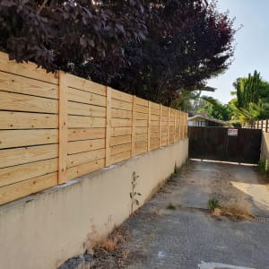 גדר עץ לאורך שביל עם שער מתכת בסוף