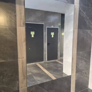 מראה גדולה על קיר עם דלתות אפורות