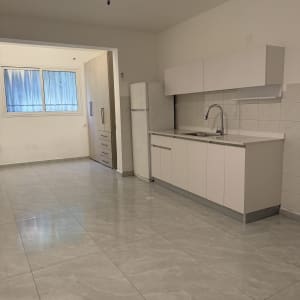 מטבח נקי עם רצפה מבריקה ותקרה עם מאוורר