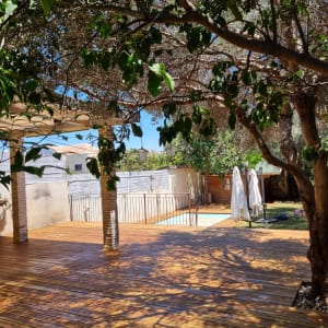 דק עץ בגינה עם עצים ופרגולה