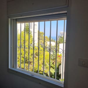 חלון עם סורגים ונוף חיצוני של עצים ובניינים
