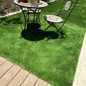 דשא ירוק עם שולחן וכיסא בגינה