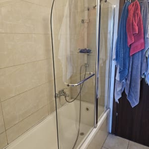 מקלחת עם דלת זכוכית, ראש מקלחת ומגבות תלויות