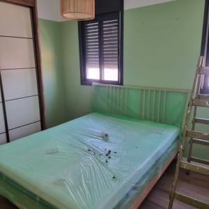 חדר עם קירות צבועים בירוק וסולם ליד מיטה