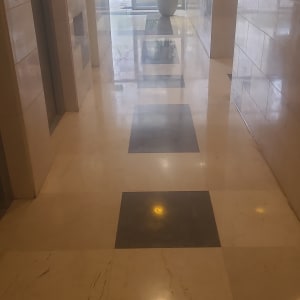 מסדרון עם רצפת שיש ודגלים בכניסה