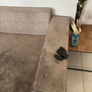 ספה עם כתמים ליד שולחן ועציץ
