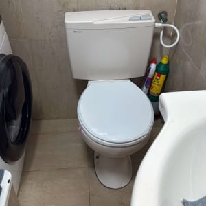 אסלה עומדת עם ניאגרה גלויה וצינור בידה בחדר שירותים