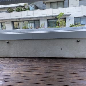 רצפת עץ עם קיר בטון ועציצים על הגג