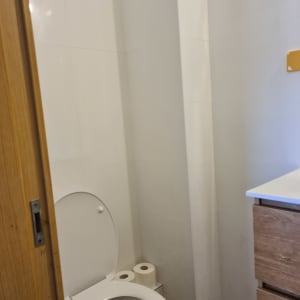 שירותים עם אריחים חדשים ודלת עץ