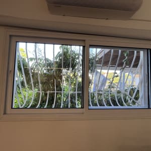 חלון עם סורגי מתכת וצמחייה בחוץ