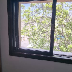 חלון זכוכית עם מסגרת כהה ועץ ברקע