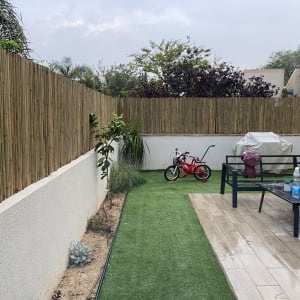 גדר עץ גבוהה בגינה עם דשא סינתטי