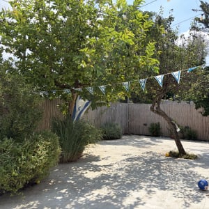 חצר מרוצפת בבית פרטי עם עצים, צמחייה ירוקה וגדר במבוק