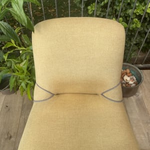 כיסא בד צהוב עם צמח ירוק ברקע