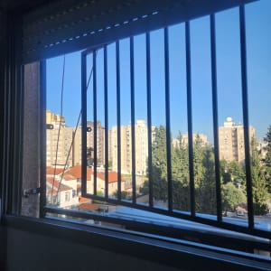 סורגי חלון עם נוף של בניינים ועצים