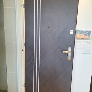 דלת עם ציפוי כהה ופסים לבנים אנכיים