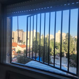 סורגי חלון עם נוף עירוני ברקע