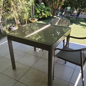 שולחן וכיסאות בגינה עם צמחים מסביב