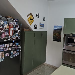 מטבח עם ארונות ירוקים ומקרר עם מגנטים