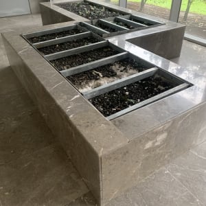 אדניות אבן עם אדמה ושתילים קטנים