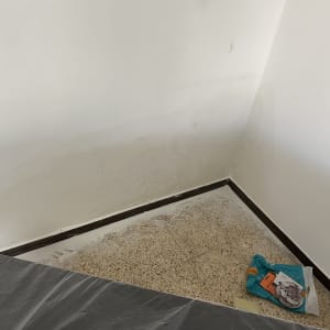 קיר עם סימני רטיבות, יריעת פלסטיק על הרצפה