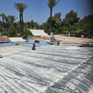 גג מתכת עם עצים ברקע ביום שמשי