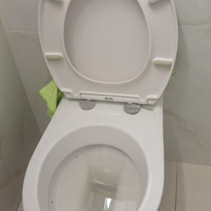 אסלה לבנה עם מכסה פתוח בחדר אמבטיה