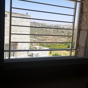 מסגרת חלון עם סורגים אופקיים לבנים