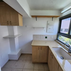 מטבח עם ארונות עץ, כיור ומשטח עבודה