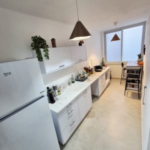 מטבח מודרני עם מקרר, ארונות ותאורה תלויה