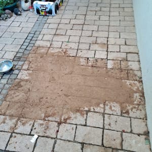 אזור מרוצף עם אדמה וכלי עבודה בגינה