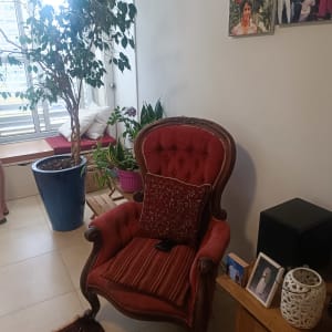 כורסה אדומה עם כרית, עציצים ותמונות על הקיר