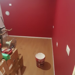 קיר צבוע באדום עם דלי צבע על הרצפה