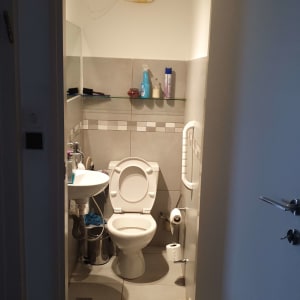 דלת פתוחה לחדר שירותים עם ידית כסופה