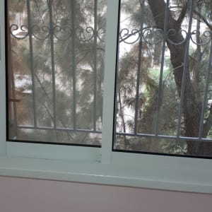 חלון עם סורגים ועצים ברקע