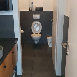 שירותים עם אסלה פתוחה ומברשת ניקוי