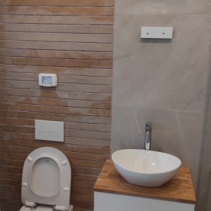 שירותים וכיור בחדר אמבטיה עם קיר עץ