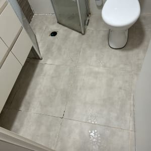 מבט על רצפת חדר אמבטיה עם אסלה ומקלחון