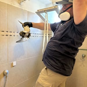 מדביר עם מסכה מחזיק ציפור מתה בחדר אמבטיה