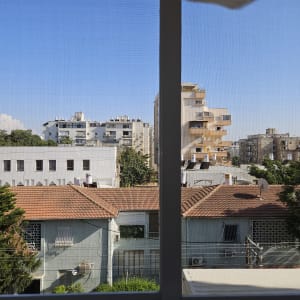 נוף עירוני עם בניינים ועצים, ללא אלומיניום נראה