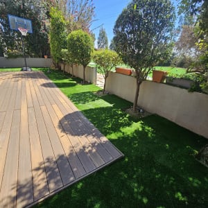 עצים ושיחים בגינה עם דשא סינתטי ועציצים על גדר