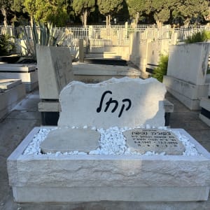 מצבה עם כיתוב בבית קברות מוקף עצים
