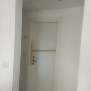 דלת לבנה עם מסגרת עץ בחדר פנימי