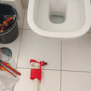 כלי עבודה ליד אסלה, כולל חלקי אינסטלציה