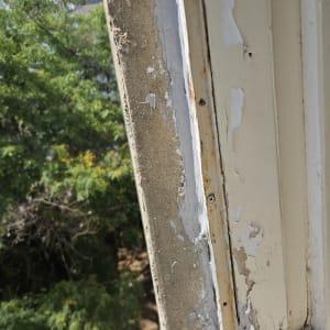 מסגרת חלון עם תריסים מתקלפים ועץ ברקע