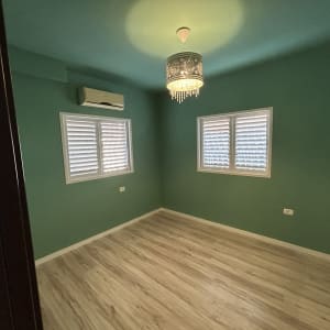 קירות חדר צבועים בירוק עם חלונות ותריסים